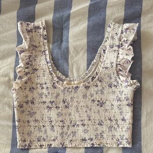 LoveShackFancy Purple and Cream Floral Crop Top